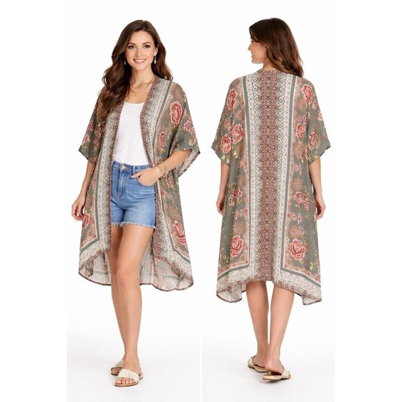 Angie Tops - Angie Boho Floral Kimono Cardigan Duster Green Pink Medium Flowy